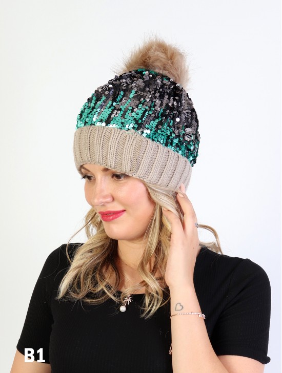 Sequin Scale “Color Changing”  Knitted Hat With Pom Pom (Plush inside)